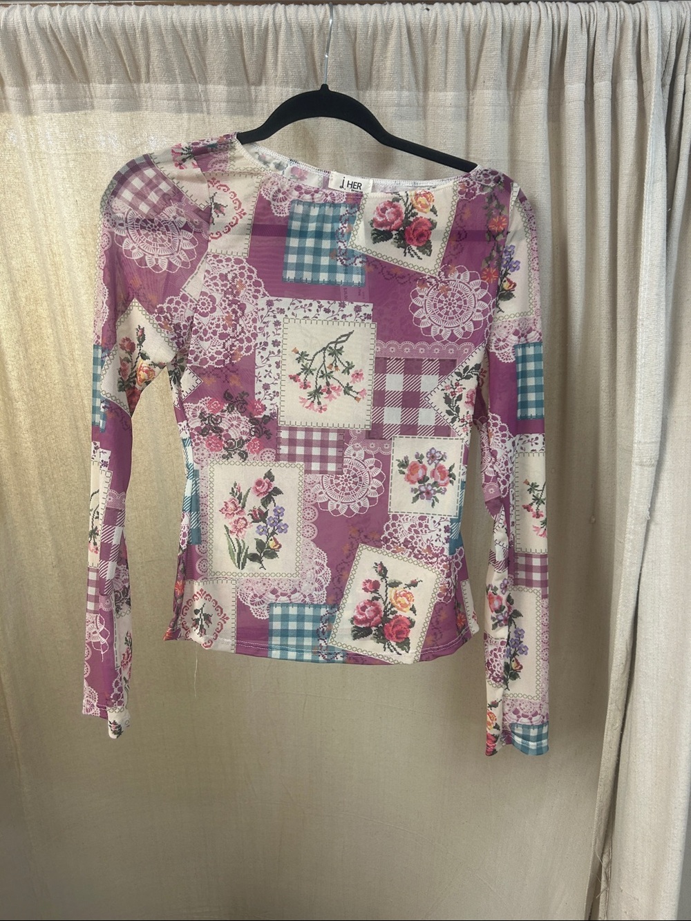 Purple Floral Patchwork Long-Sleeve Mesh Top - J her